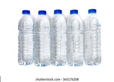 Top View Of A Row Of Plastic Water Bottles Isolated On A White Background.