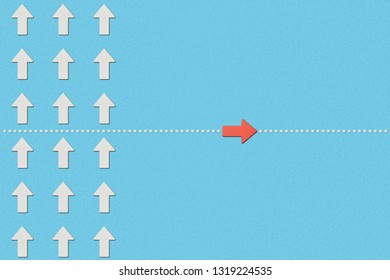 top view of rows with white pointers and red arrow on blue marked background