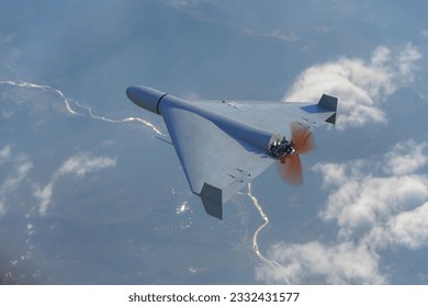 Top view of Russian army Shahid combat drone in the sky against clouds, flying over the ground war in Ukraine, drone attack, 3d render.