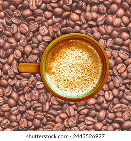 top view of rustic mug cup filled with  freshly brewed frothy coffee which can be used as an advertisement concept to sell - Powered by Shutterstock