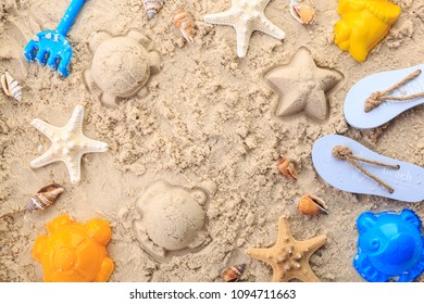 Top View Of Sand With Toys Play Summer Beach