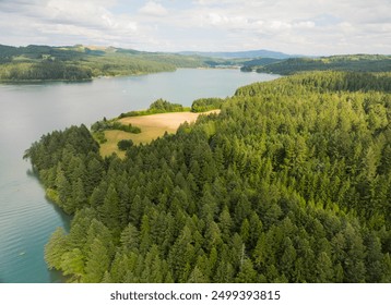 Top view of the sandy bank with coniferous forest of a wide river. Hilly terrain. Automobile route in the middle of the forest. Beautiful landscape. - Powered by Shutterstock