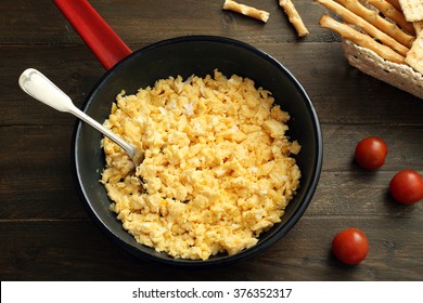 Top View Scrambled Eggs In Metal Pan