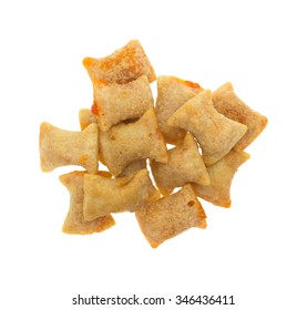 Top View Of A Serving Of Bite Size Pizza Rolls Isolated On A White Background.