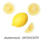 Top view set of beautiful yellow lemon fruit with half and slices or quarters is isolated on white background with clipping path.