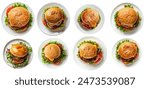 Top view set of burgers on white dish png