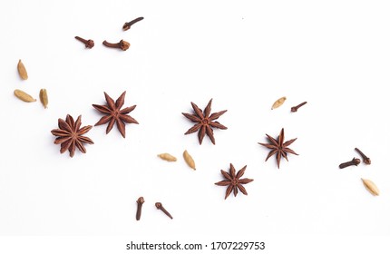 Top View Set Of Cardamom, Star Anise, Coriander, Cloves, Isolated On White Background.