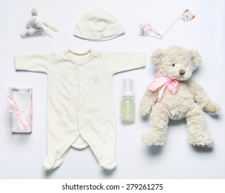 Top View Set Of Fashion Trendy Stuff For Newborn Baby Girl, Baby Fashion Concept 