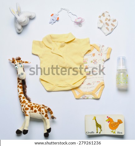 top view set of fashion trendy stuff and toys for newborn baby, baby fashion concept 