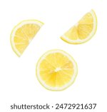 Top view set of fresh yellow lemon slices and halves scattering is isolated on white background with clipping path.