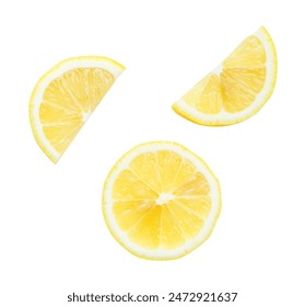 Top view set of fresh yellow lemon slices and halves scattering is isolated on white background with clipping path. - Powered by Shutterstock