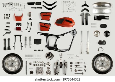 Top view of a set of motorcycle parts. Disassembled motorcycle on a light background - Powered by Shutterstock