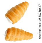 Top view set of puff pastry cream horns is isolated on white background with clipping path.