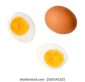 Top view set of raw chicken egg and cooked or boiled egg with egg yolk in two halves is isolated on white background with clipping path.