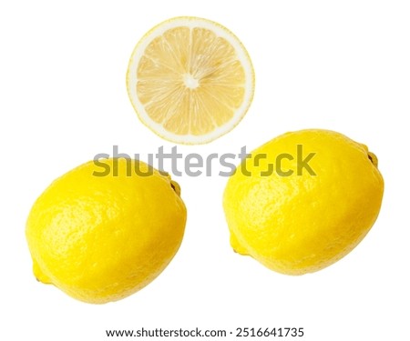 Top view set of two fresh ripe yellow lemon fruits with half or slice is isolated on white background with clipping path.