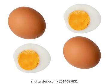 Top view set of two raw brown chicken eggs and two boiled or cooked eggs in two halves with egg yolk is isolated on white background with clipping path.