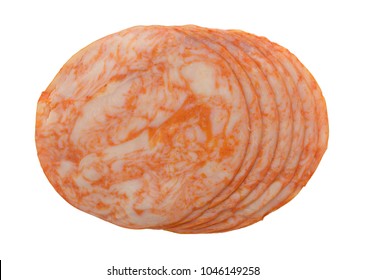 Top view of several slices of buffalo style chicken breast luncheon meat isolated on a white background.