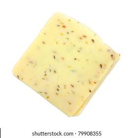 Top View Of A Several Slices Pepper Jack Cheese On A White Background.