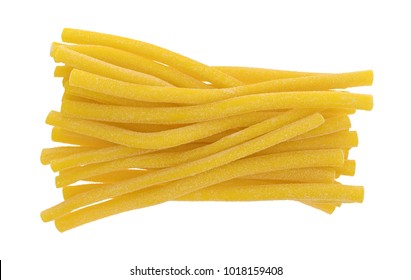 Top View Of Several Sour Lemon Candy Ropes Isolated On A White Background.