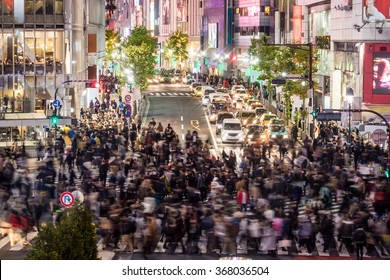 Top view view of Shibuya Crossing in Shibuya Tokyo Japan, one of the busiest crosswalks in the world.