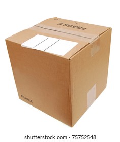 Top View: A Shipping Box With White Label