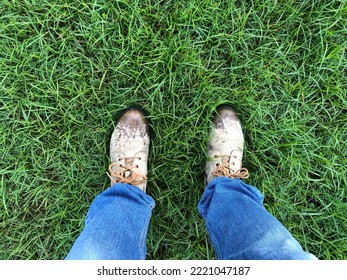 Top view of shoes in the feet of a man standing in grass. Concept of walking with tough wet shoes.