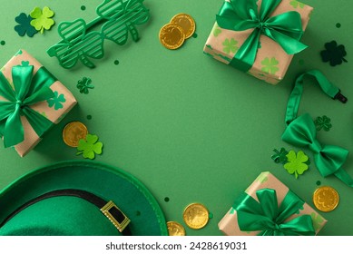 Top view shot of shamrocks, a leprechaun hat, gold coins, presents, novelty glasses, a bow tie, confetti, and glitter scattered on a green backdrop, leaving space for text or ads - Powered by Shutterstock