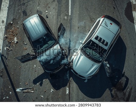 A top view shows two severely damaged cars after a heavy front impact collision on the road.