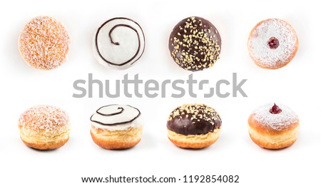 Top view and view from side of delicious doughnuts isolated on white background