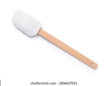 Top view of silicone kitchen spatula with wooden handle  isolated on white