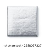 Top view of silver foil wrapped square chocolate bar isolated on white