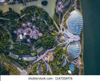 Top View Of The Singapore Landmark. Singapore City Downtown Drone View.