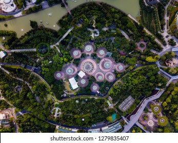 Top View Of The Singapore Landmark. Singapore City Downtown Drone View.