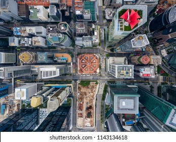 Top View Of The Singapore Landmark Financial Business District With Skyscraper. Singapore City Downtown Drone View.