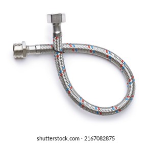 Top view of single braided flexible water hose isolated on white
