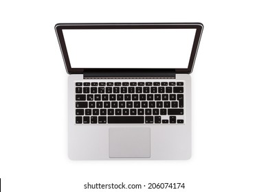 Top View Of Single Laptop, Isolated On White Background.