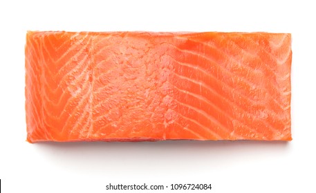 Top View Of Single Piece Of Salmon Fillet Isolated On White Background