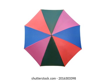 Top view, Single rainbow umbrella isolated on white background for stock photo or design, invesment, business, summer concept