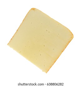 Top View Of A Single Slice Of Muenster Cheese Isolated On A White Background.