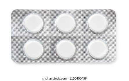  Top View Of Six Tablets In  Blister Pack Isolated On White