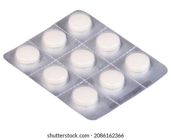 Top View Of Six Tablets In Blister Pack Isolated On White