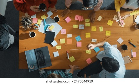 Top view of skilled business people discuss plan at meeting room while writing idea at sticky notes and stick at whiteboard. Group of diverse team working together to planning strategy. Convocation. - Powered by Shutterstock