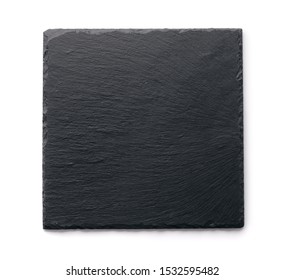 Top View Of Slate Black Stone Plate Isolated On White