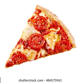 Top view of a slice of margherita Italian pizza with melted mozzarella and sliced tomato on a crispy thin crust isolated on white