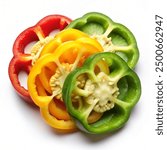 Top view of sliced bell peppers in red, yellow, and green.