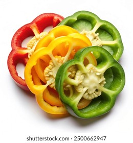 Top view of sliced bell peppers in red, yellow, and green. - Powered by Shutterstock