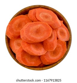 Top View Of Sliced Carrots In Wooden Bowl Isolated On White Background