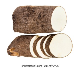 top view of sliced tuber of african yam isolated on white background