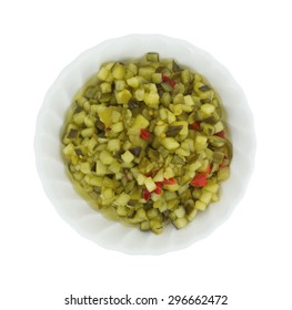 Top View Of A Small Bowl Of Delicatessen Style Sweet Relish Isolated On A White Background.