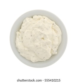 Top View Of  A Small Bowl Filled With Fresh French Onion Dip Isolated On A White Background.